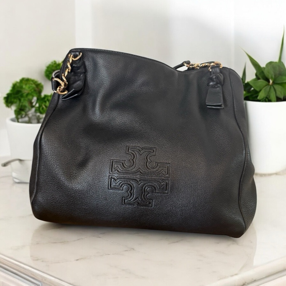 Tory Burch Black Leather Logo Tote with Gold Chain Detail